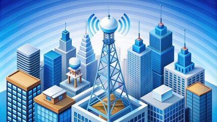 Isometric illustration of a modern communication antenna tower with satellite dishes and broadcast equipment, surrounded by cityscape and wireless signal waves.