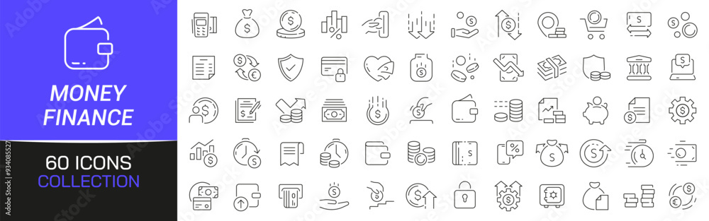 Poster Money and finance line icons collection. Thin outline icons pack. UI icon collection. Set of line web pictogram