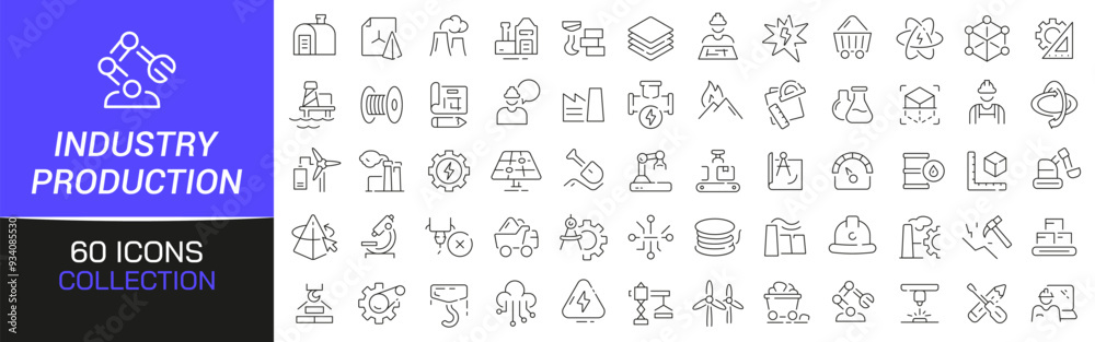 Poster industry and production line icons collection. thin outline icons pack. ui icon collection. set of l