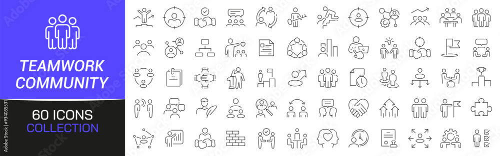 Poster Teamwork and community line icons collection. Thin outline icons pack. UI icon collection. Set of line web pictogram