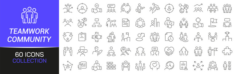 Obraz premium Teamwork and community line icons collection. Thin outline icons pack. UI icon collection. Set of line web pictogram