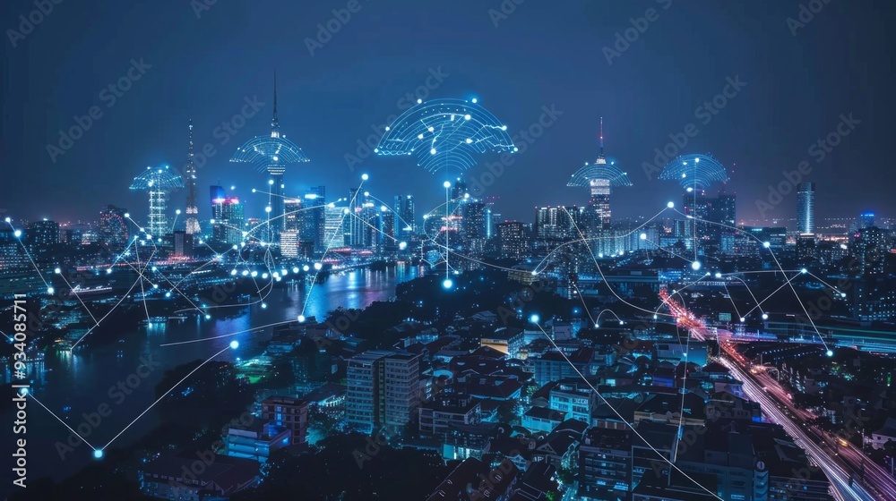 Poster vibrant lights illuminate the modern city, with dynamic networks of digital connections forming intr