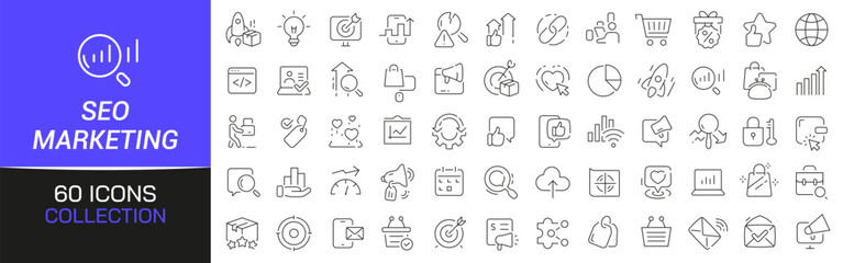 SEO and marketing line icons collection. Thin outline icons pack. UI icon collection. Set of line web pictogram