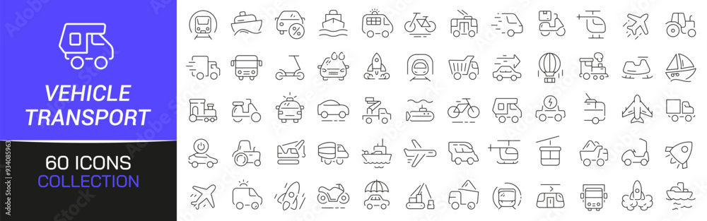 Poster vehicle and transport line icons collection. thin outline icons pack. ui icon collection. set of lin