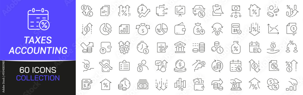 Poster taxes and accounting line icons collection. thin outline icons pack. ui icon collection. set of line