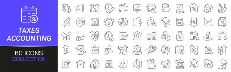 Taxes and accounting line icons collection. Thin outline icons pack. UI icon collection. Set of line web pictogram