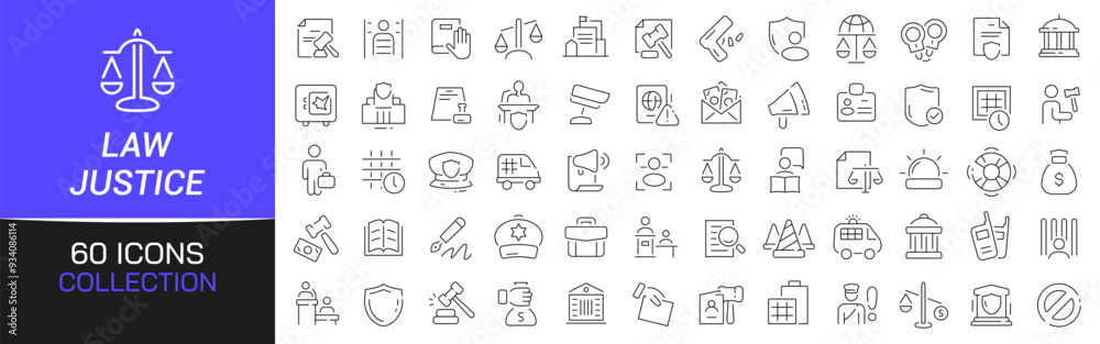 Poster law and justice line icons collection. thin outline icons pack. ui icon collection. set of line web 