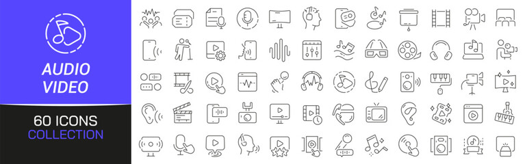 Audio and video line icons collection. Thin outline icons pack. UI icon collection. Set of line web pictogram