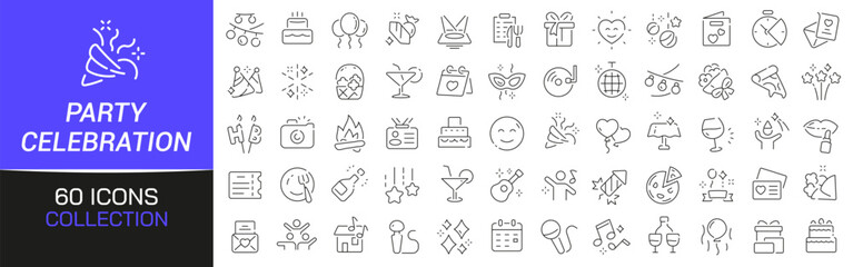 Party and celebration line icons collection. Thin outline icons pack. UI icon collection. Set of line web pictogram