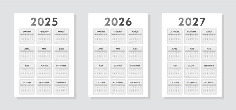 Set of calendars 2025, 2026, 2027 years. Black and white vertical classic A4 calendar templates. Week starts Monday. Yearly planner layout with 12 month. Vector illustration