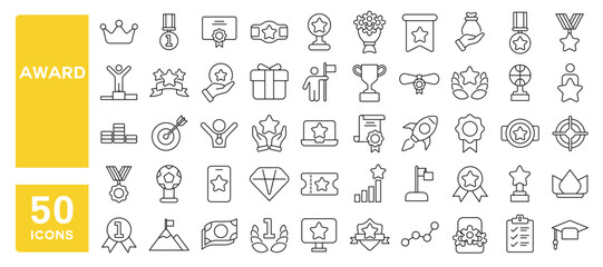 Set of 50 line icons related to award, success, progress, prize, medal, trophy, loyalty, benefit, achievement, Editable stroke. Vector illustration