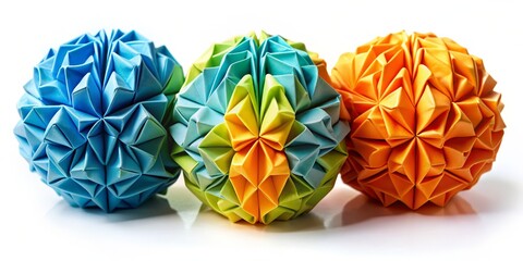 Origami Sphere Trio Blue, Green, and Orange Paper Folding Art, origami, paper art, geometric, abstract