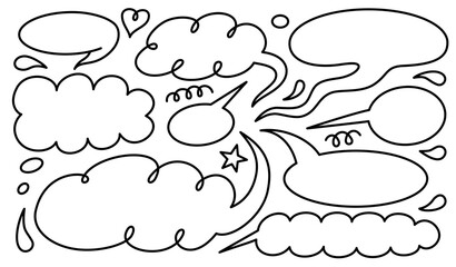 Black line speech bubbles set. Hand drawn outline vector illustration.