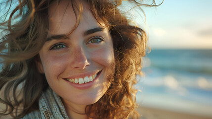 Fototapeta premium Close-up portrait of a happy, smiling woman with curly hair enjoying a windy day by the sea