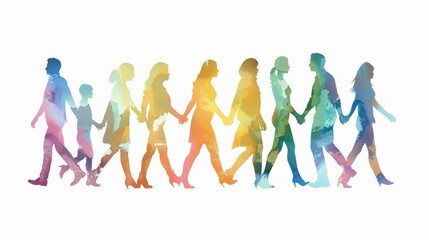 Watercolor Silhouettes of People Walking Hand in Hand