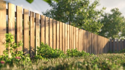 Fototapeta premium The warm sunlight filters through the trees, illuminating a wooden fence that runs along a garden, surrounded by fresh greenery and blooming plants