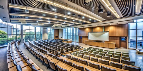 Modern Auditorium with Wooden Seats and Large Screen, Auditorium , Lecture Hall, Conference Room , Meeting Room