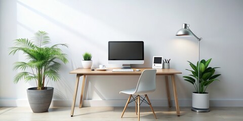 Fototapeta premium Minimalist Home Office Desk Setup with White Chair and Plants, Minimalism, Home Office, Interior Design, Workspace