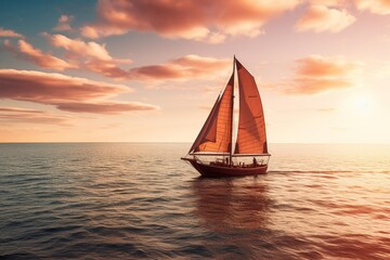 Fototapeta premium Sailboat at Sunset on the Ocean: A Tranquil Scene