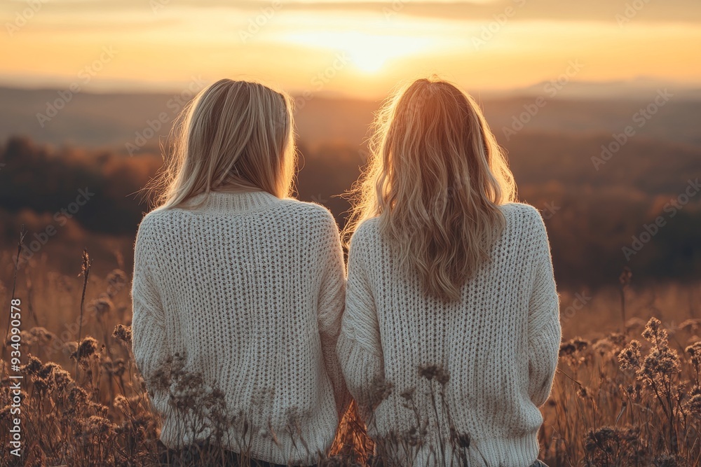 Wall mural two women in white sweaters are looking on the sunset. best friends, generative ai
