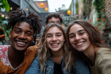 Fototapeta premium Diverse young friends taking selfies together in a cafe courtyard, Generative AI