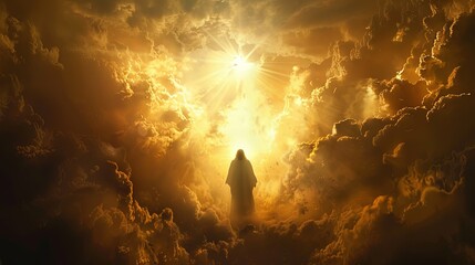 Fototapeta premium A solitary figure stands amidst a glowing, radiant golden sky filled with dramatic, voluminous clouds, creating a heavenly and ethereal atmosphere.