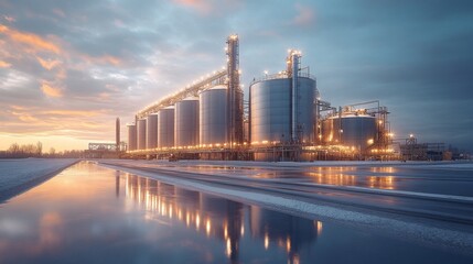 Naklejka premium Silos illuminate under a vibrant sunset, their reflections glistening in the calm waters, embodying the essence of industrial beauty and serenity