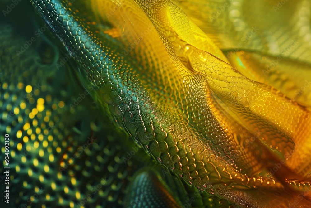 Poster abstract representation of color gels textures and depth, close up of lizards face with yellow backg