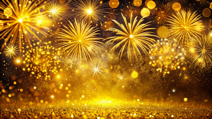Fototapeta premium Brilliant golden fireworks bursting in the night sky, ideal for celebration designs, festive invitations, or any project that requires a dazzling and energetic visual.