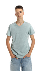Fototapeta premium Teenage boy wearing light grey t-shirt on white background