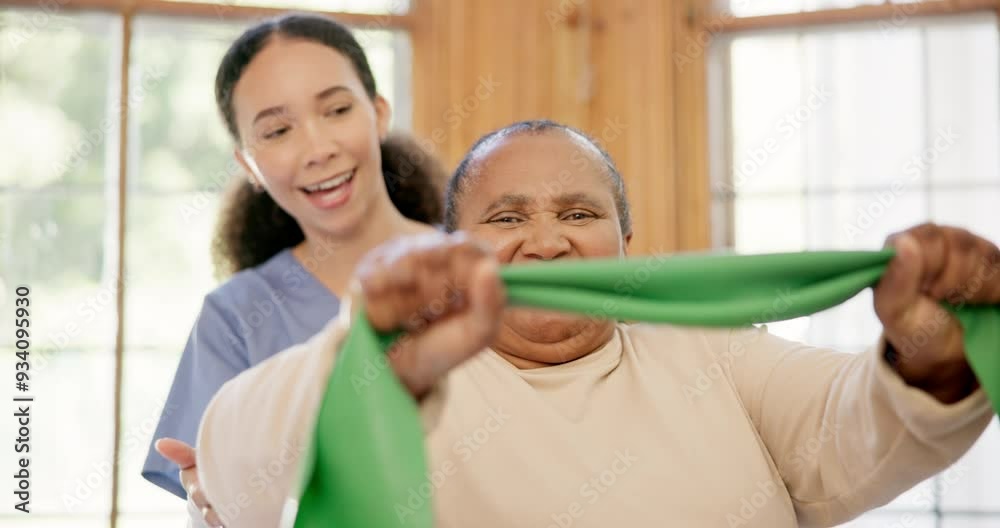 Wall mural Old woman, nurse and resistance band exercise for arm mobility, retirement strength or rehabilitation. Senior person, caregiver and trust for physical therapy or recovery, stretching or flexibility