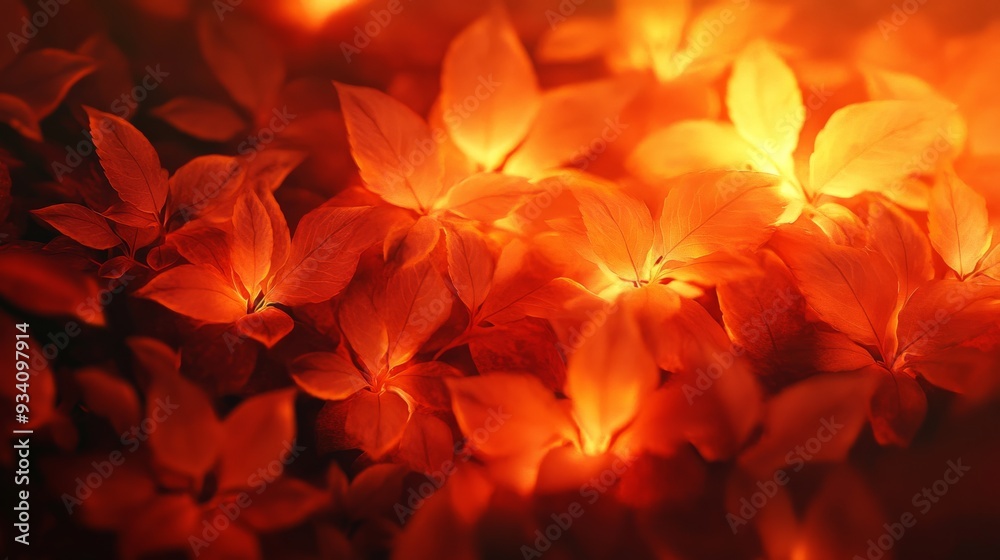Poster A dense cluster of orange autumn leaves illuminated by golden hour light, creating a glowing effect
