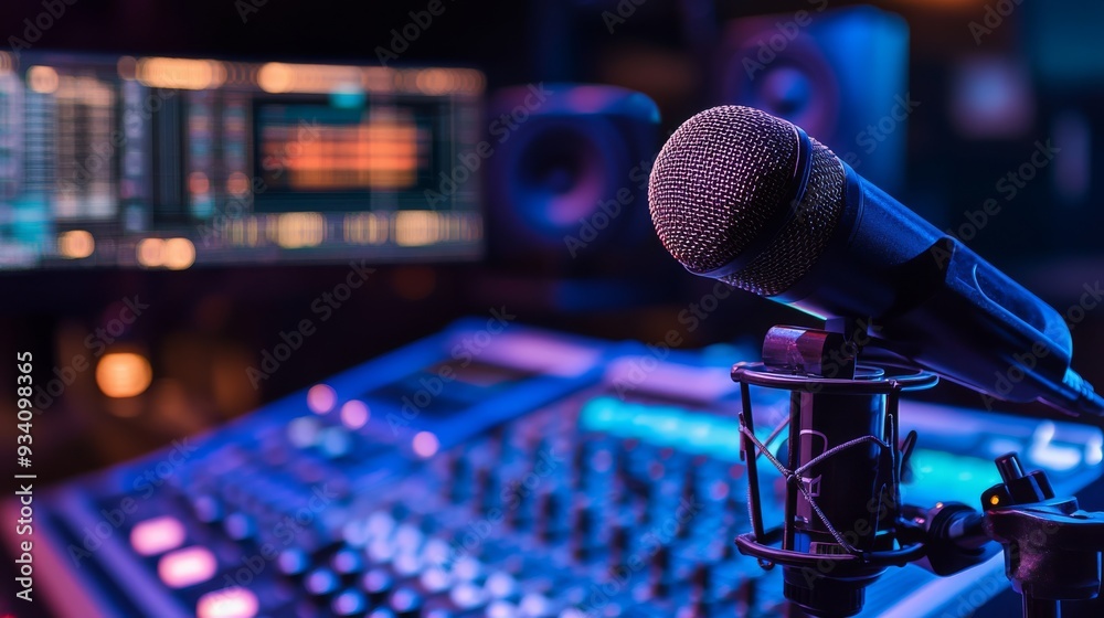 Poster A dynamic studio with an on-air signal, showcasing an array of broadcasting tools including a large microphone, mixing board, and high-quality lighting setup.