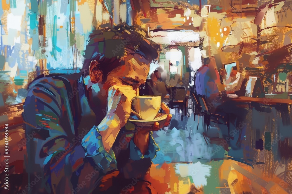 Poster man sitting at table in cafe, digital artwork symbolizing tired working professional sipping freshly