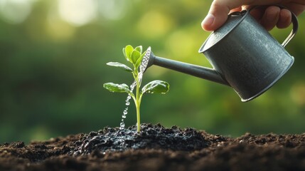 A hand carefully waters a delicate sprout with a small, fine-spout watering can, with a clean and...