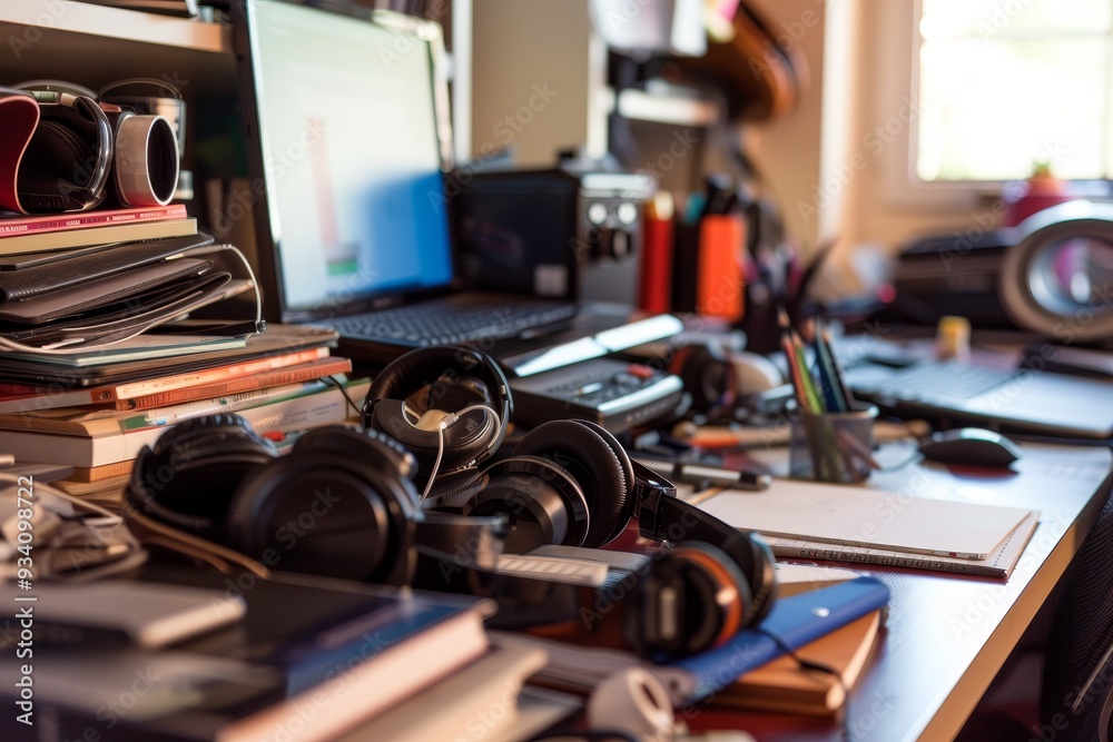 Poster painting of messy office with desk and chair, digital declutter challenge minimizes distractions and