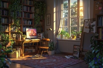 Fototapeta premium computer sitting on top of wooden desk, dreamy mood of study room equipped with all learning essentials