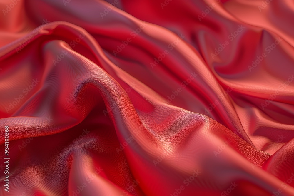 Poster red silk fabric with very large amount of folds, fabric texture with smooth and silky threads