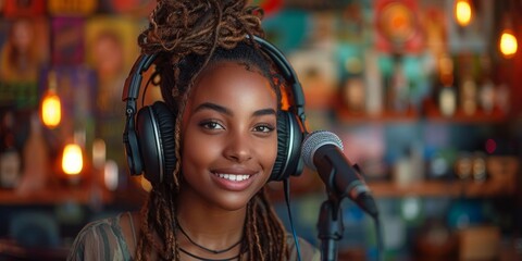 Smiling Woman Recording in a Music Studio