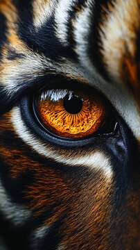 Intense close-up of a tiger's eye, front on angle, showcasing its striking patterns and depth