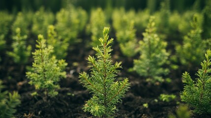 Fototapeta premium A thriving green forest with newly planted trees, showcasing the impact of global environmental efforts and ESG initiatives.