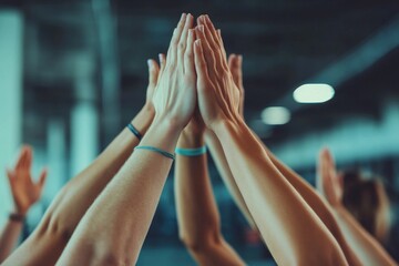 success and high five of people in gym for motivation, support and target. Workout, exercise and training with hands of friends in sports center for team building, challenge and, Generative AI