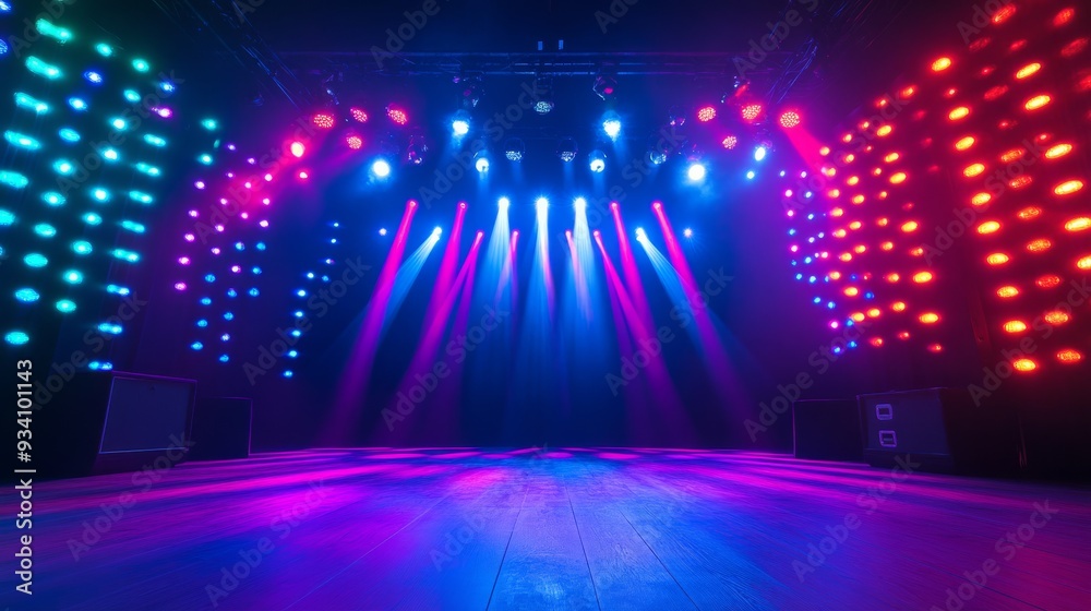 Leinwandbilder a vibrant stage lit with multicolored lights creating a dazzling background effect.