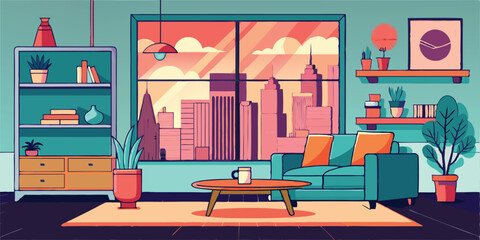 A drawing of a living room with a view of a city vector illustration