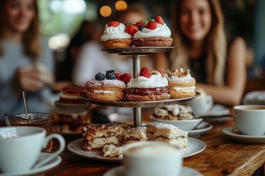 Friends having afternoon tea in a cafe, Generative AI