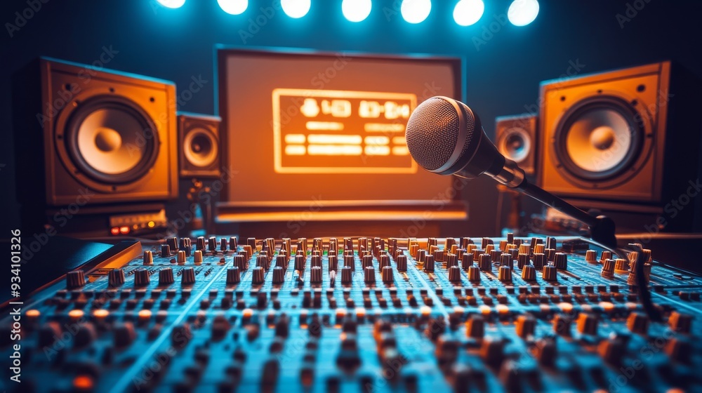 Poster A vibrant studio setting with an on-air indicator, surrounded by studio lights, a large soundboard, and microphones, all against a simple background for a clean look.