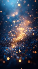 Obraz premium Golden particles sparkle as they swirl gracefully through a vibrant blue expanse, evoking a sense of wonder and tranquility in a dreamlike setting