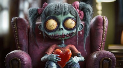 3D Cartoon Portrait of Spooky Zombie Girl Sitting in a Chair Collecting Hearts