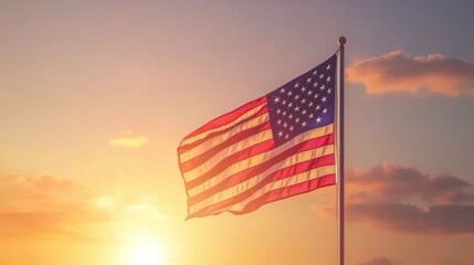 American flag against a sunset sky
