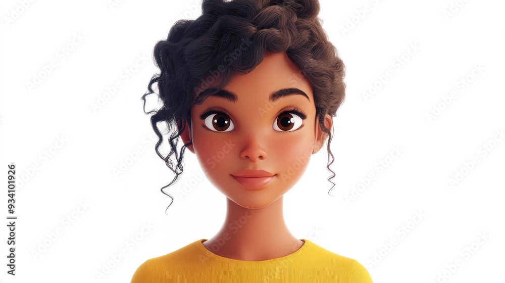 Sticker 3d cartoon portrait of young woman with light skin tone on white background